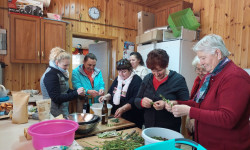 w kuchni grupa pań przy stole obrywa liście ziół 