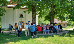 Grupa osób siedzi na ławeczkach pod drzewami i słucha prelekcji wykładowcy